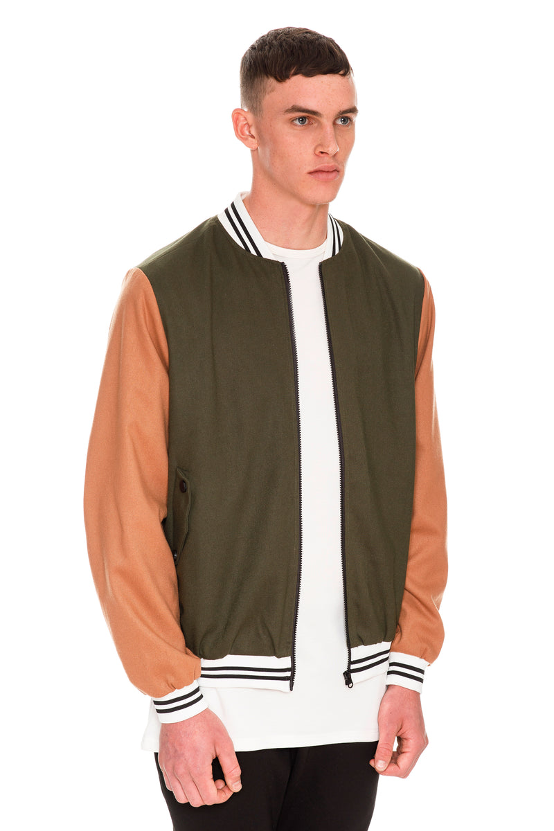 Letterman Bomber - YKK Zip Closure At Front, Pockets At Waist With Snap Buttons