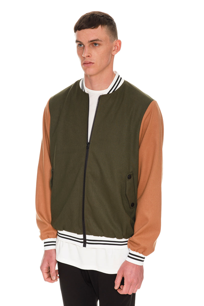 Letterman Bomber - Rib Knit Wool-Blend Stand Collar & Cuffs