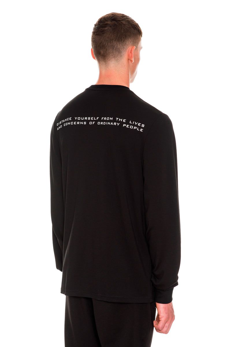 Rarefied Quote Long Sleeve T-Shirt In Black With A Message On It - Back View