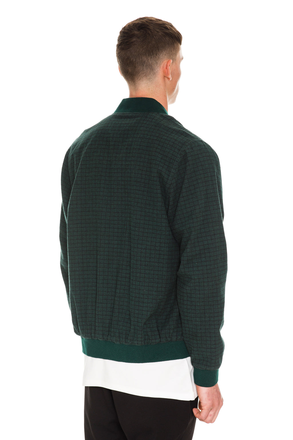 Velvet Green Checkered Bomber With Wool-Blend Stand Collar, Cuffs & Hem
