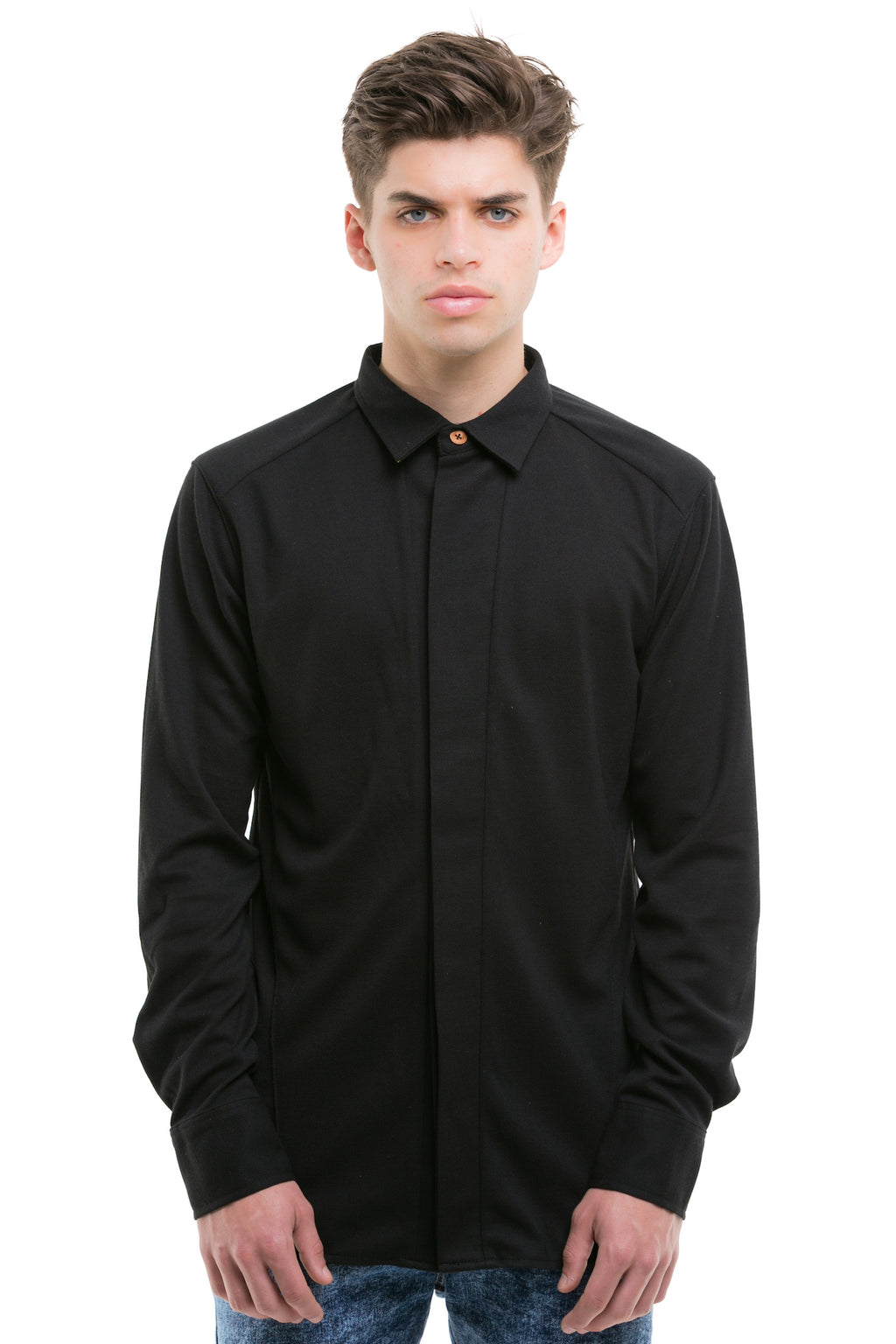 Black Japanese Shirt With Heavy Cotton Blend - Front View