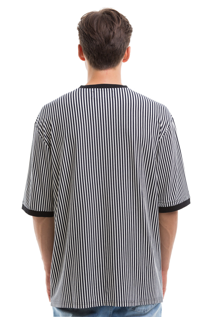 Vertical Stripes Short Sleeve With Ribbed Collar And Cuffs - Back View