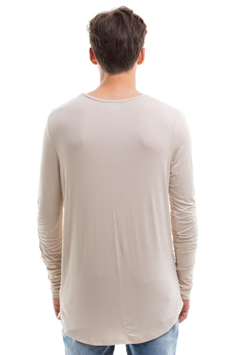 Beige Scoop Cut Long Sleeve T Shirt With Double Cuffed Sleeve Ends - Back View