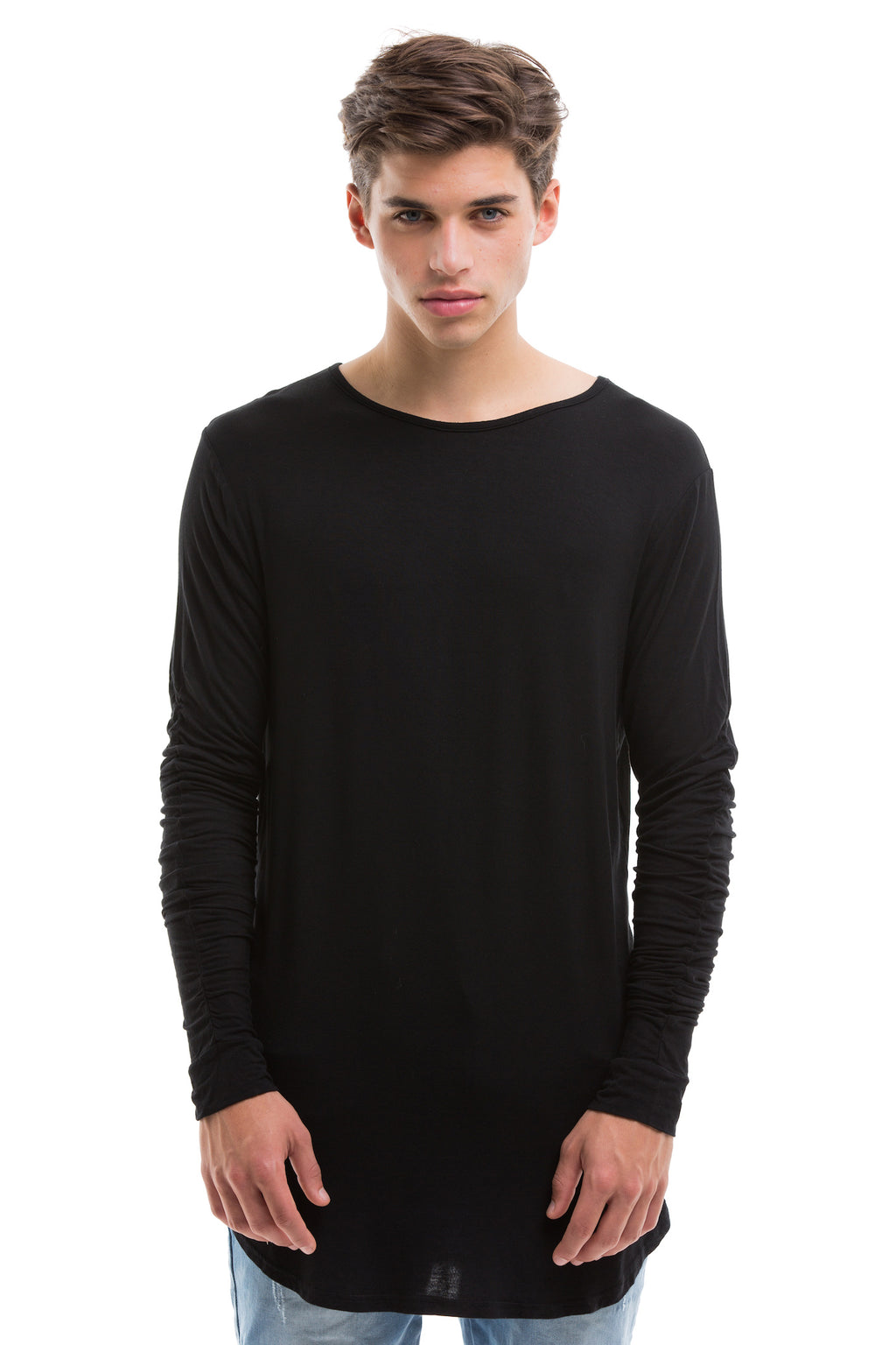 Black Scoop Cut Long Sleeve T Shirt With Double Cuffed Sleeve Ends - Front View