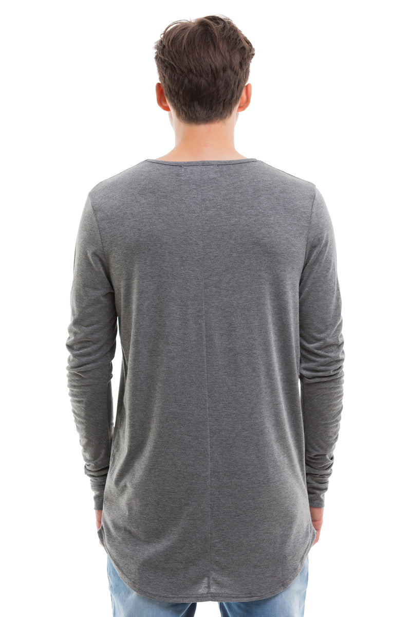 Grey Scoop Cut Long Sleeve T Shirt With Double Cuffed Sleeve Ends - Back View