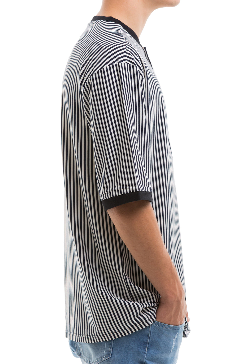 Vertical Stripes Short Sleeve With Ribbed Collar And Cuffs - Right View