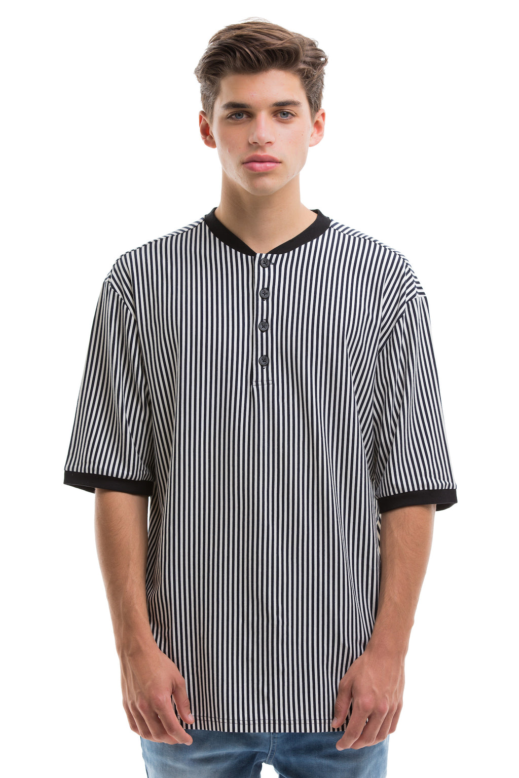 Vertical Stripes Short Sleeve With Ribbed Collar And Cuffs - Front View