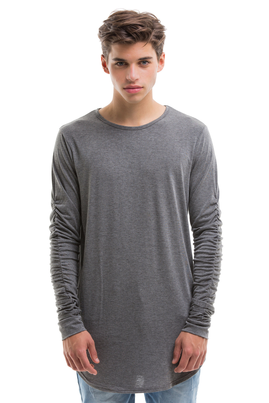 Grey Scoop Cut Long Sleeve T Shirt With Double Cuffed Sleeve Ends - Front View