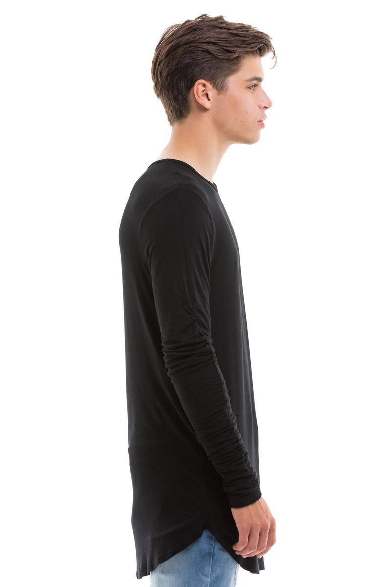 Black Scoop Cut Long Sleeve T Shirt With Double Cuffed Sleeve Ends - Side View