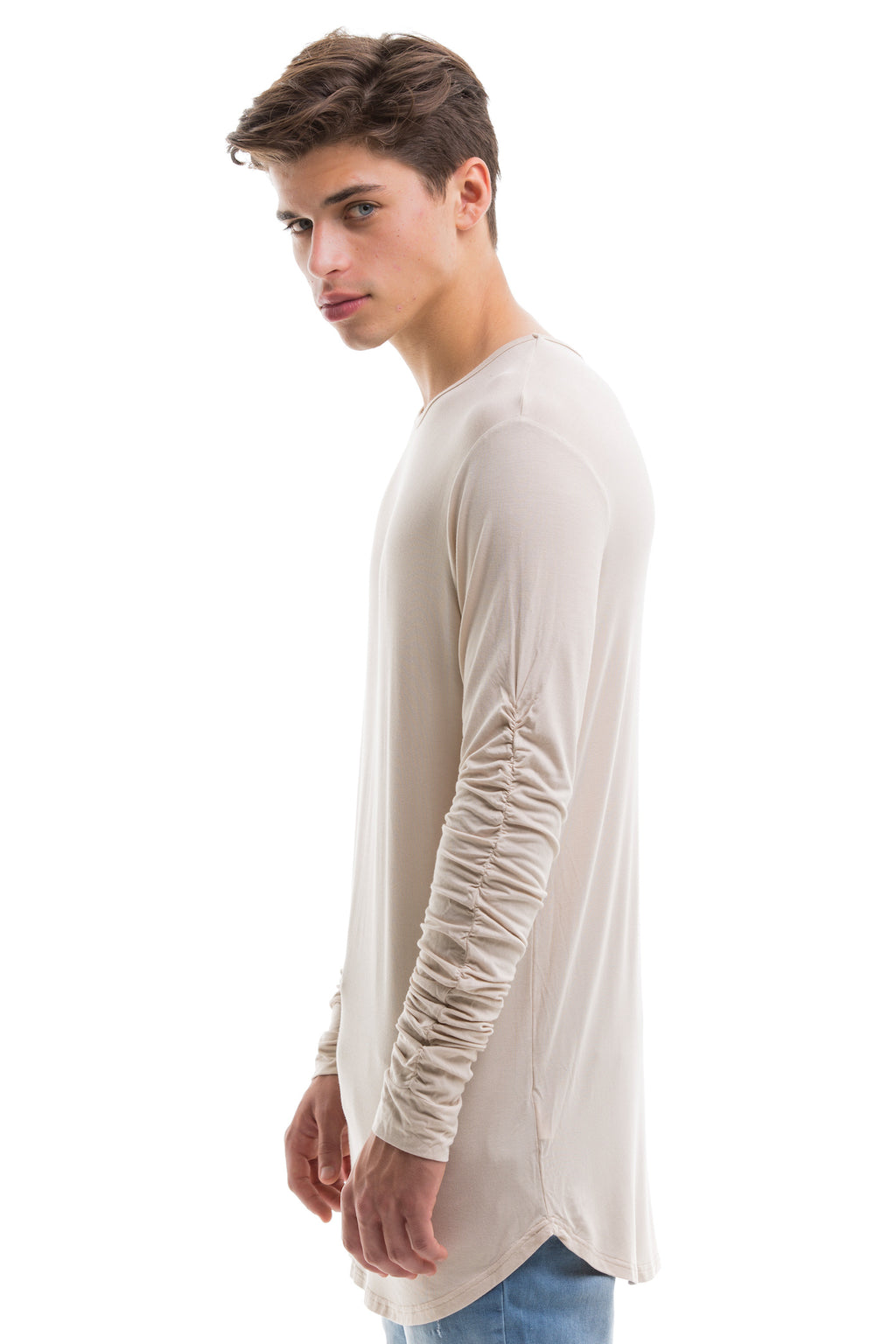 Beige Scoop Cut Long Sleeve T Shirt With Double Cuffed Sleeve Ends - Side View