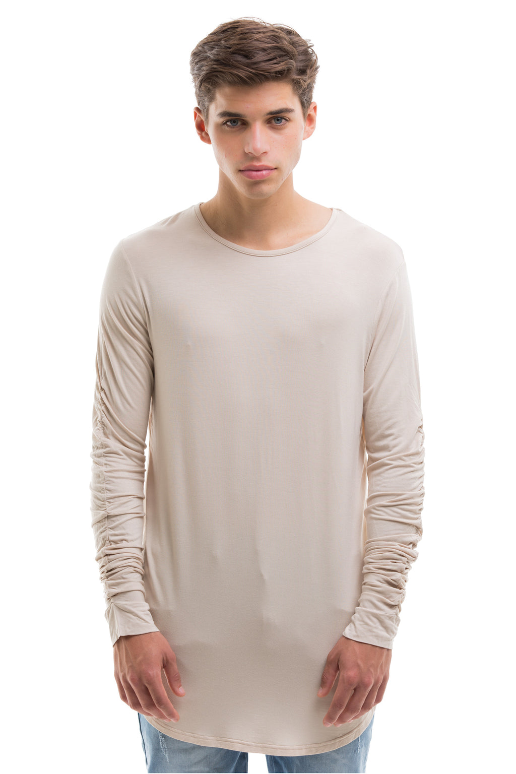 Beige Scoop Cut Long Sleeve T Shirt With Double Cuffed Sleeve Ends - Front View
