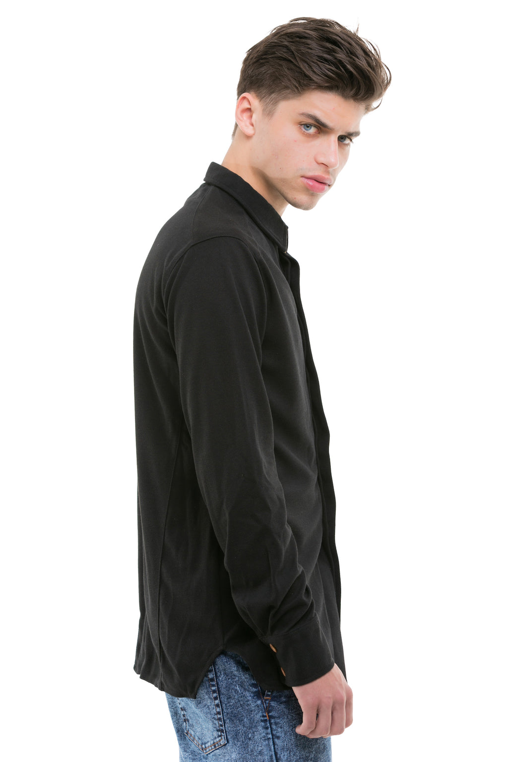 Black Japanese Shirt With Heavy Cotton Blend - Side View